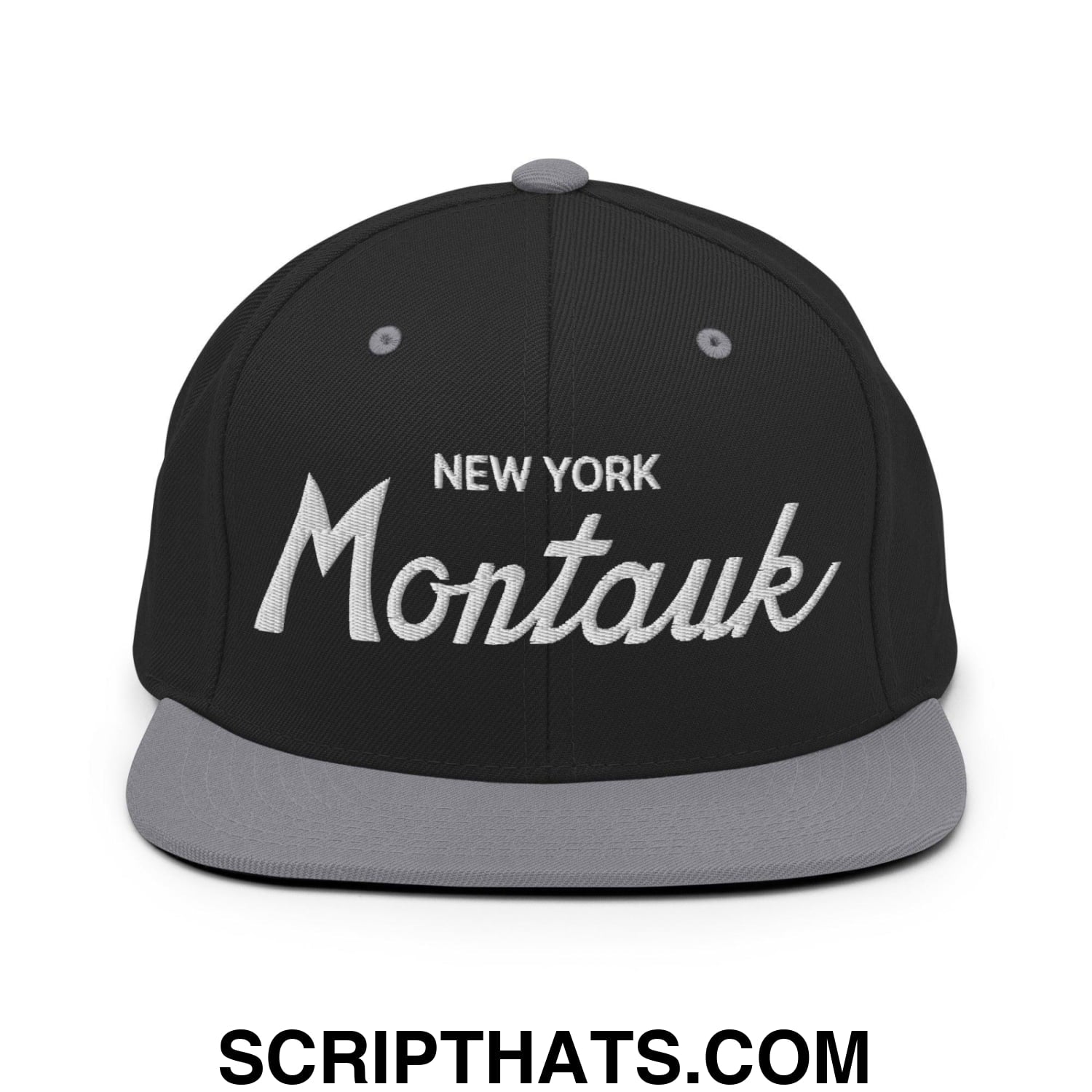 Montauk IV Vintage Sports Script Snapback Hat Black Silver