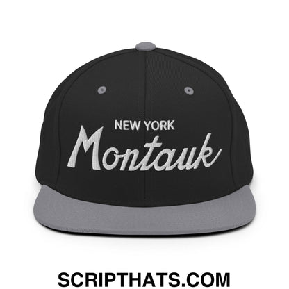 Montauk IV Vintage Sports Script Snapback Hat Black Silver