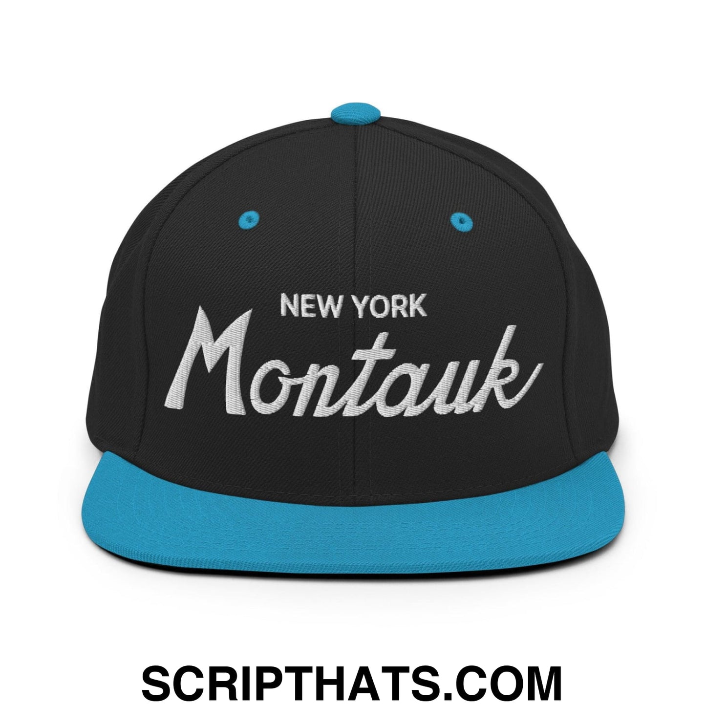 Montauk IV Vintage Sports Script Snapback Hat Black Teal