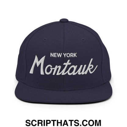 Montauk IV Vintage Sports Script Snapback Hat Navy