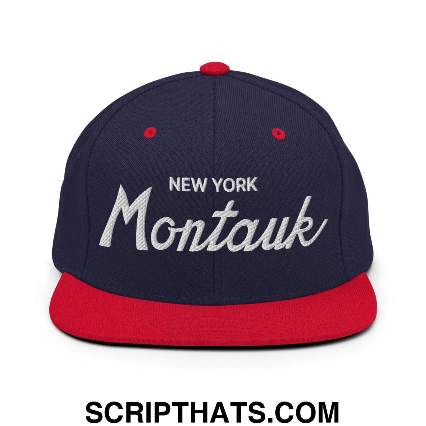 Montauk IV Vintage Sports Script Snapback Hat Navy Red