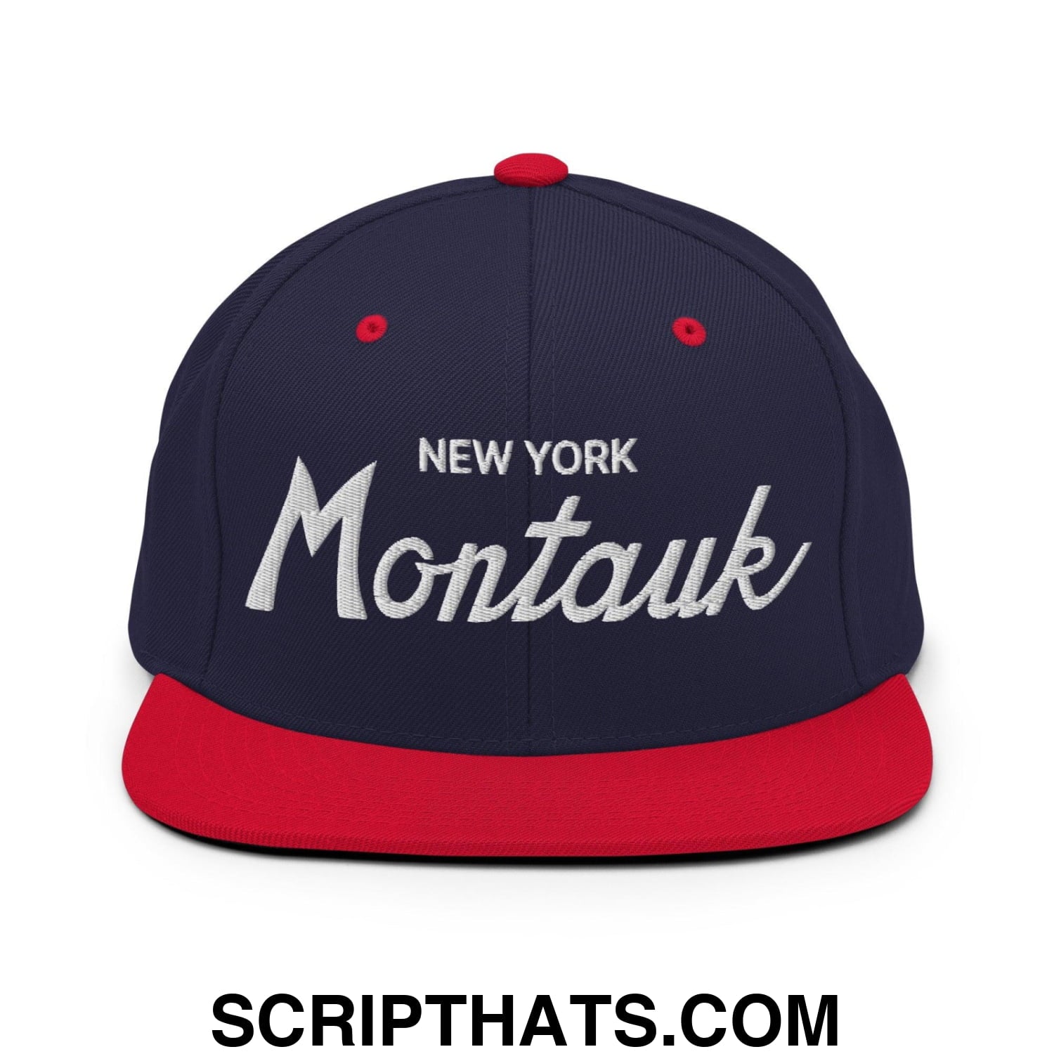 Montauk IV Vintage Sports Script Snapback Hat Navy Red