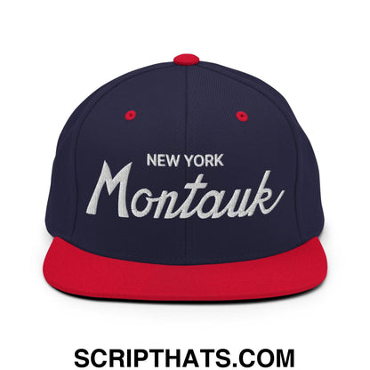 Montauk IV Vintage Sports Script Snapback Hat Navy Red