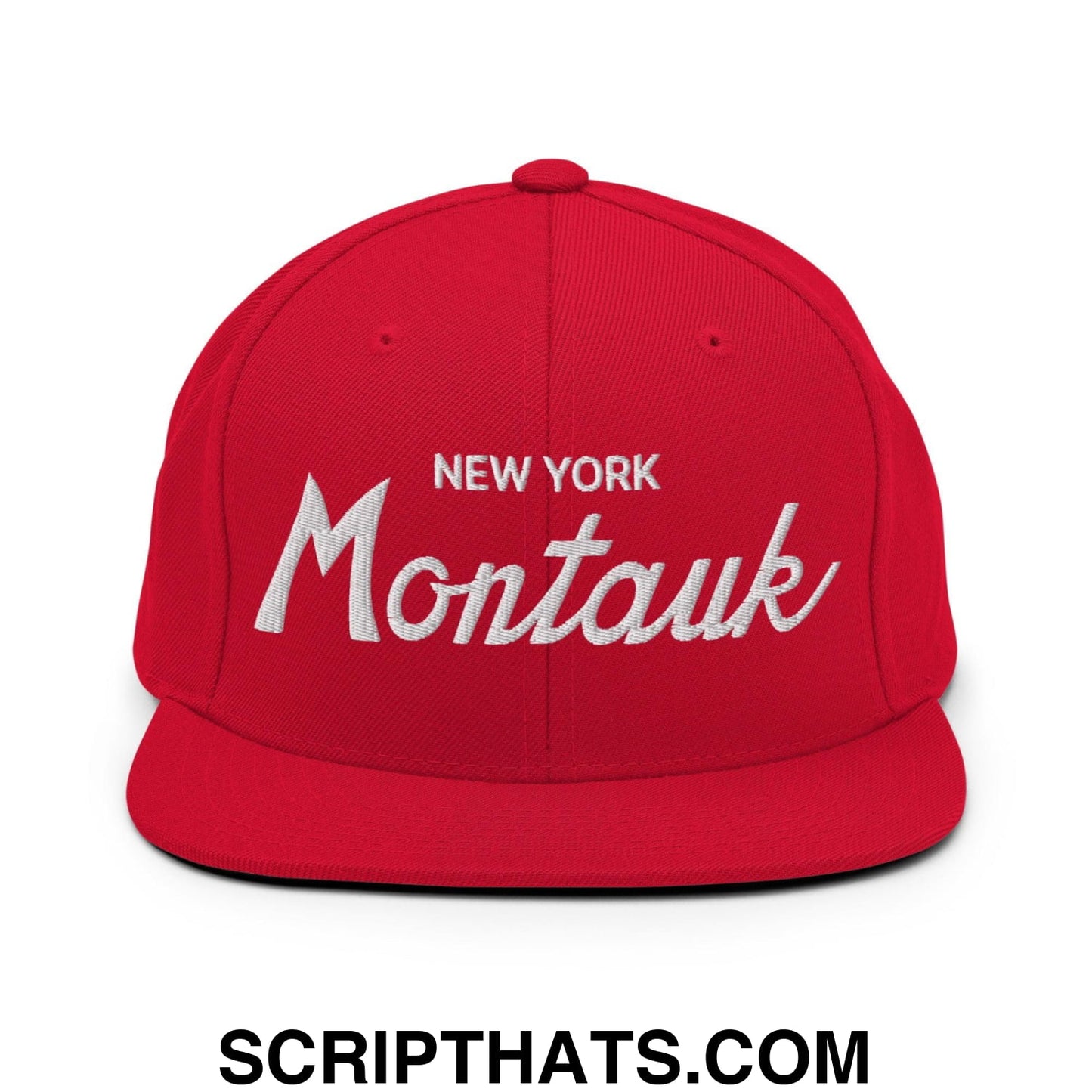 Montauk IV Vintage Sports Script Snapback Hat Red