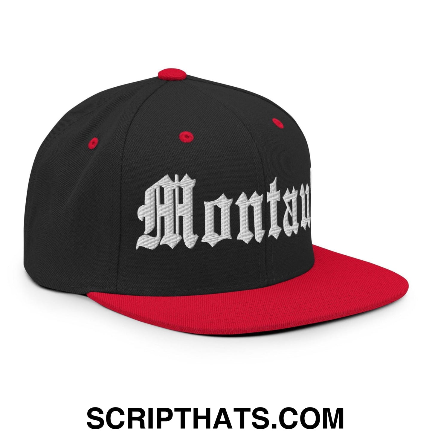Montauk OG Old English Snapback Hat Black Red