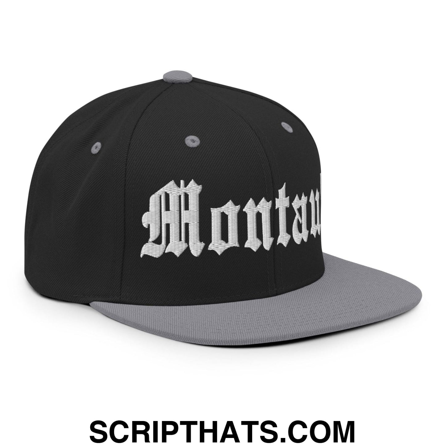 Montauk OG Old English Snapback Hat Black Silver