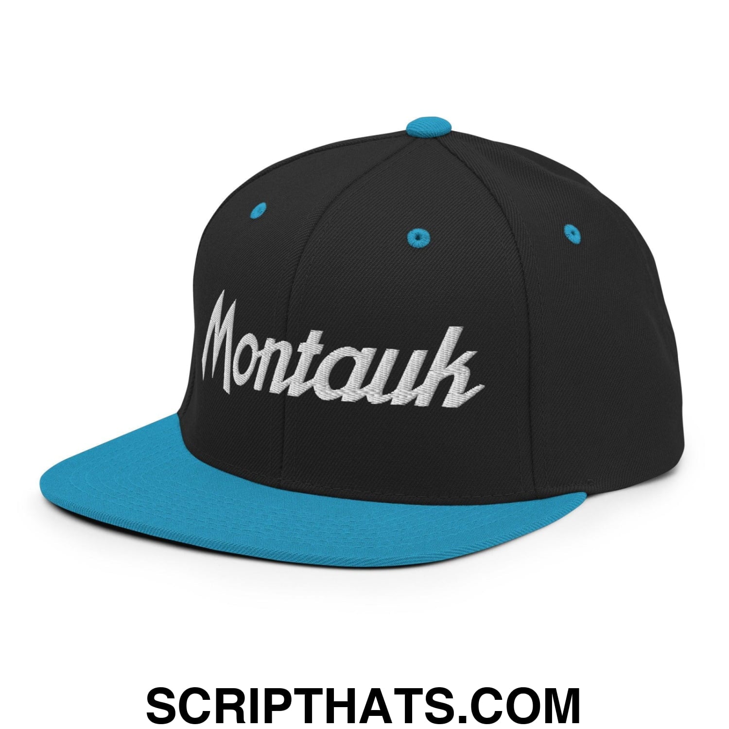 Montauk Vintage Sports Script Snapback Hat Black Teal
