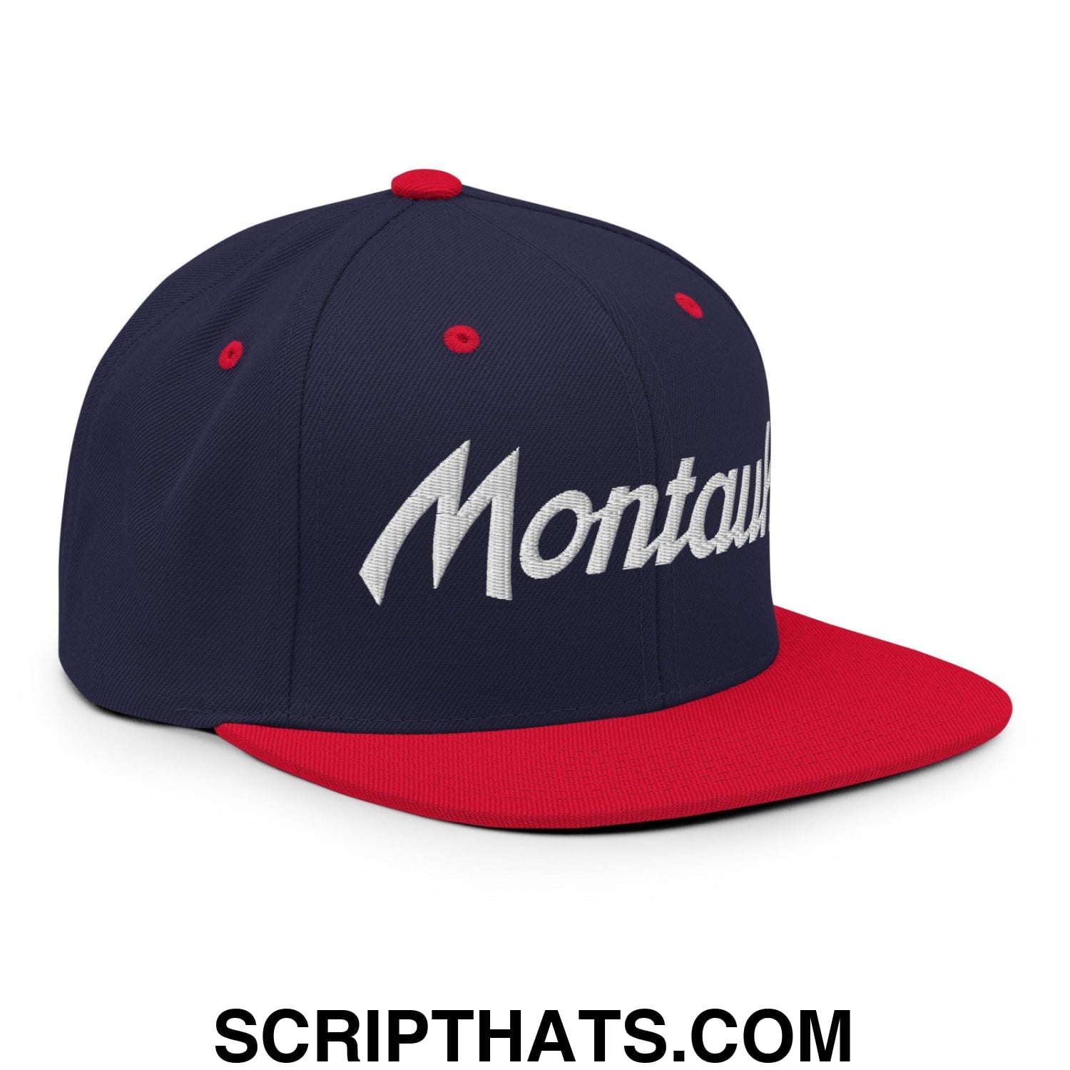 Montauk Vintage Sports Script Snapback Hat Navy Red