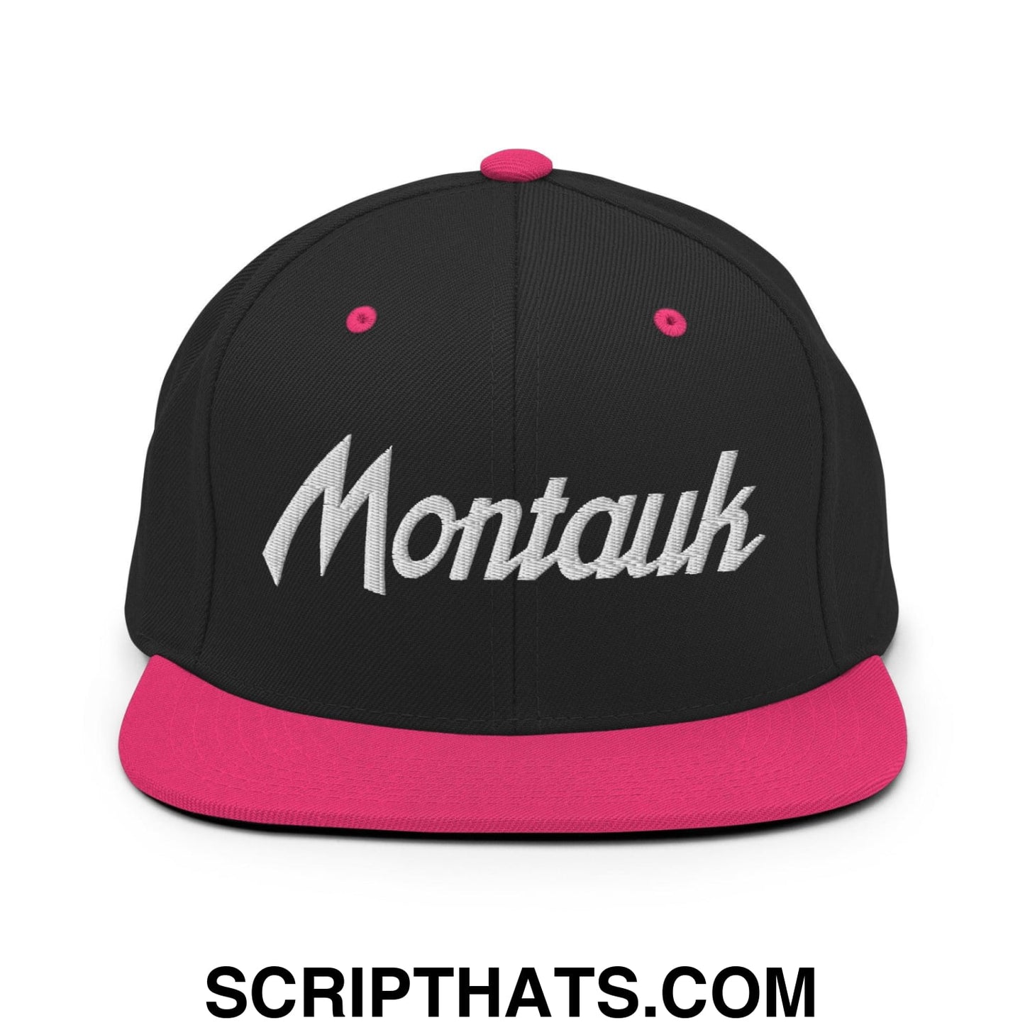 Montauk Vintage Sports Script Snapback Hat Black Neon Pink