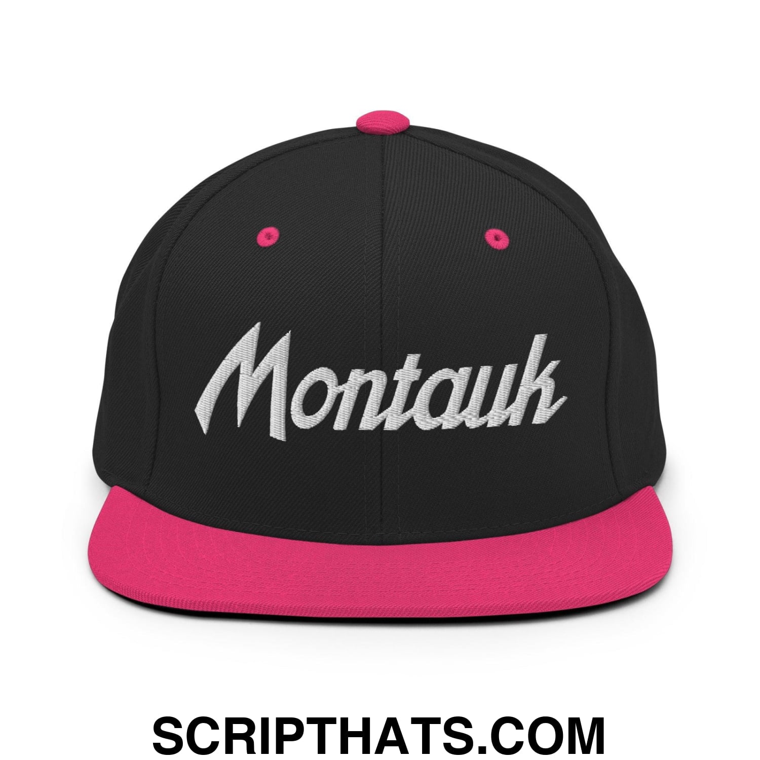 Montauk Vintage Sports Script Snapback Hat Black Neon Pink