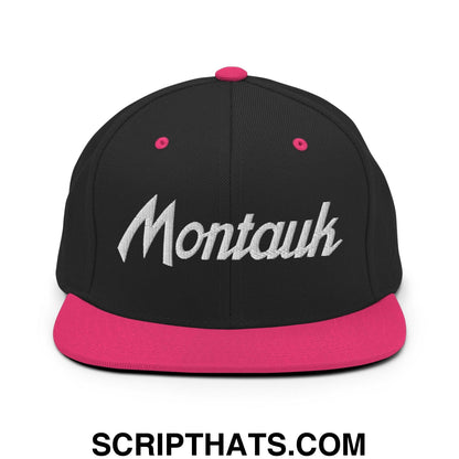 Montauk Vintage Sports Script Snapback Hat Black Neon Pink