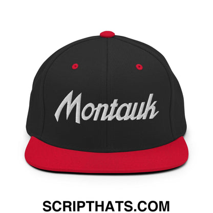 Montauk Vintage Sports Script Snapback Hat Black Red