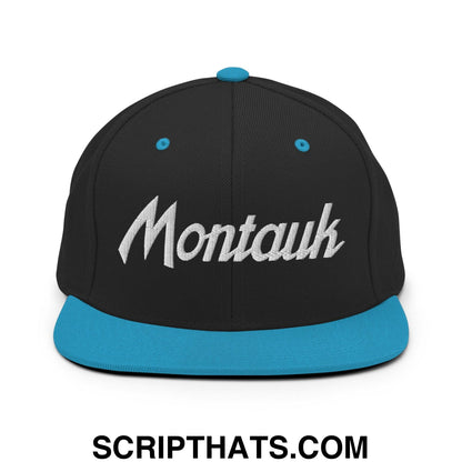 Montauk Vintage Sports Script Snapback Hat Black Teal