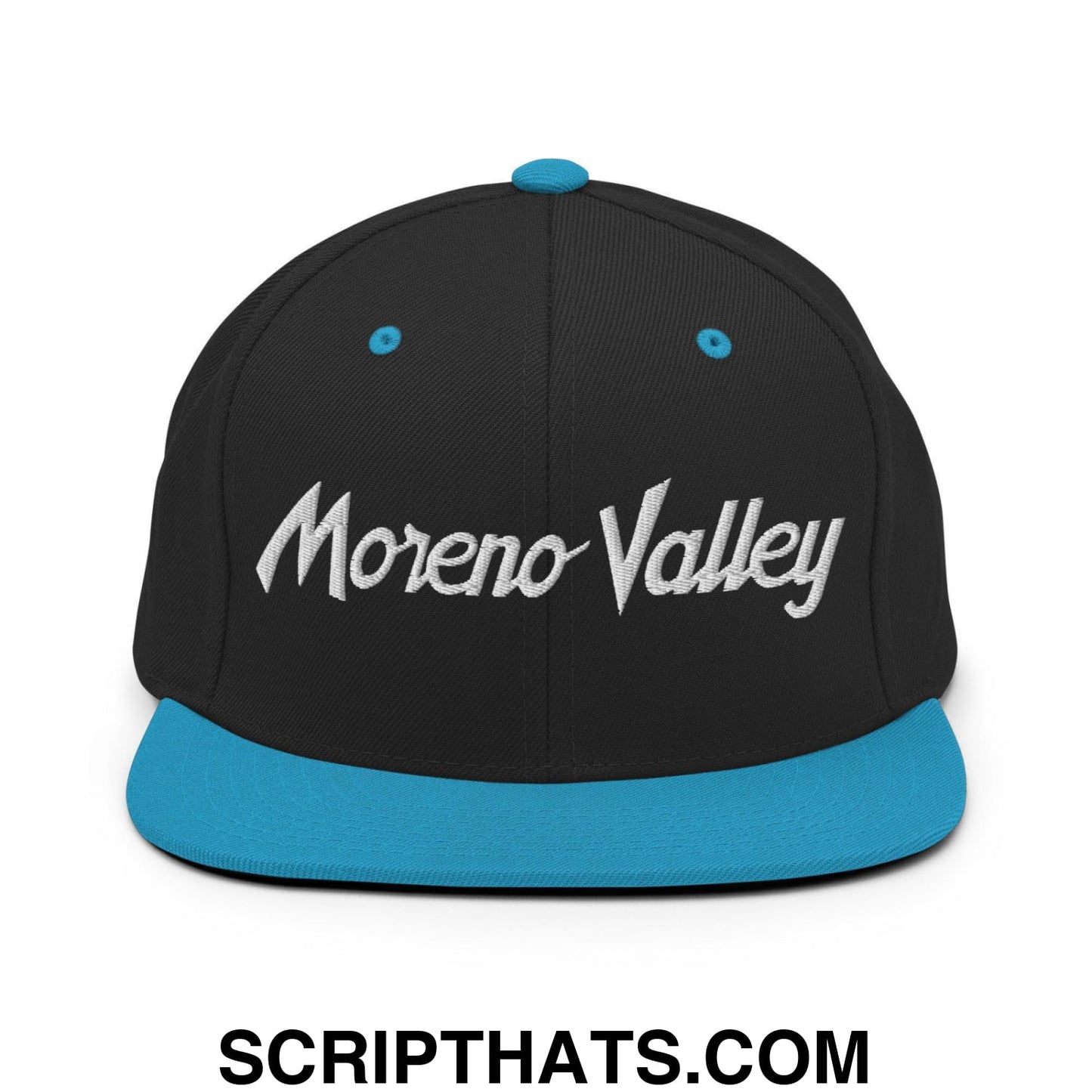 Moreno Valley Script Snapback Hat Black Teal