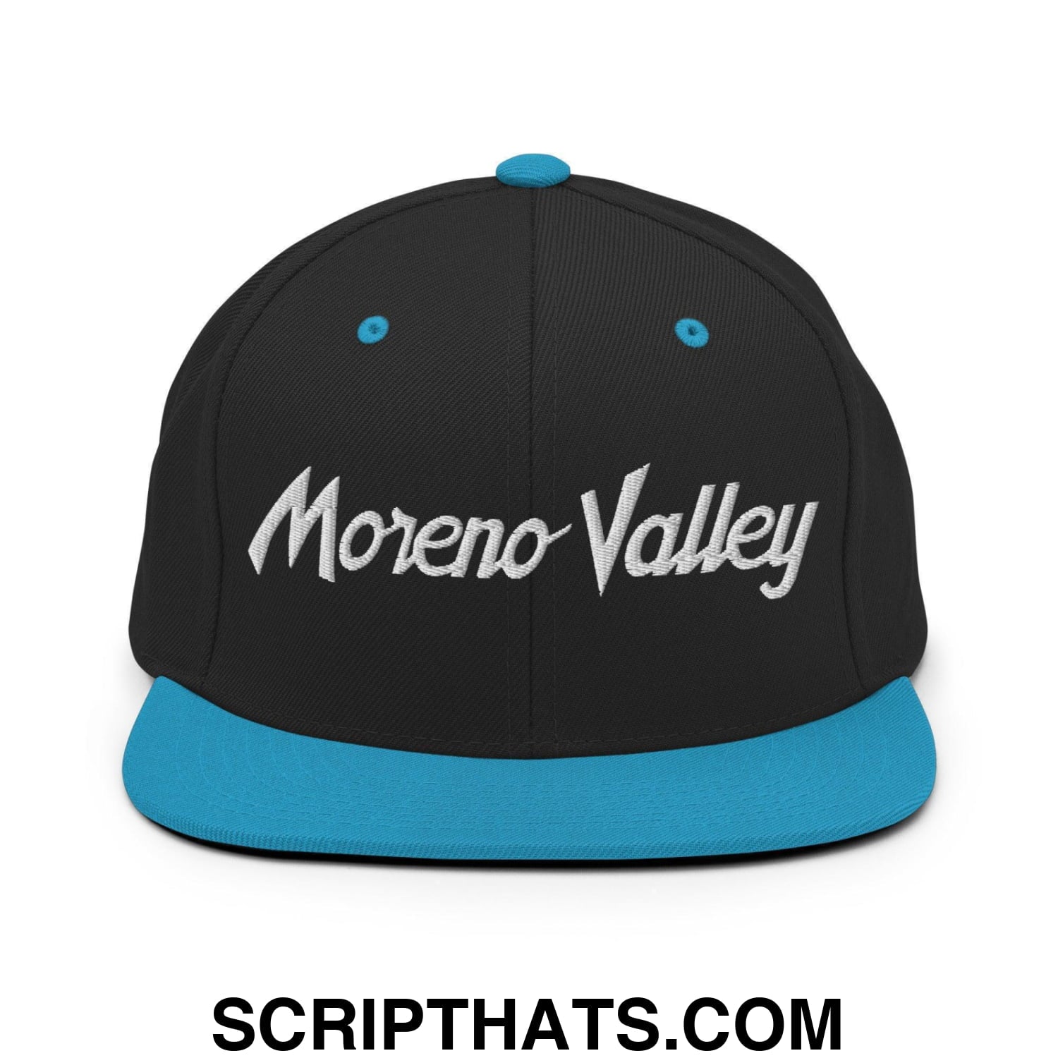 Moreno Valley Script Snapback Hat Black Teal