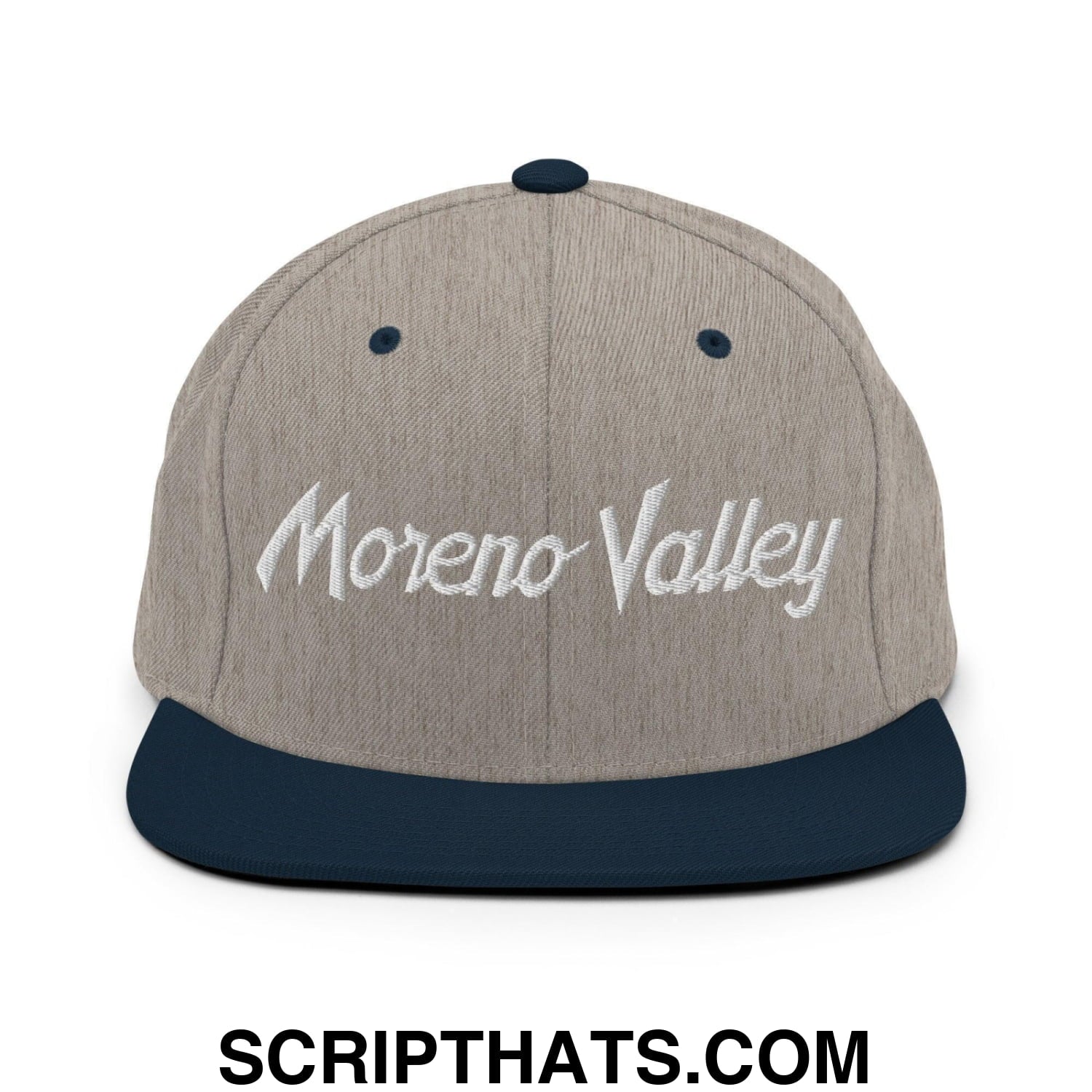 Moreno Valley Script Snapback Hat Heather Grey Navy