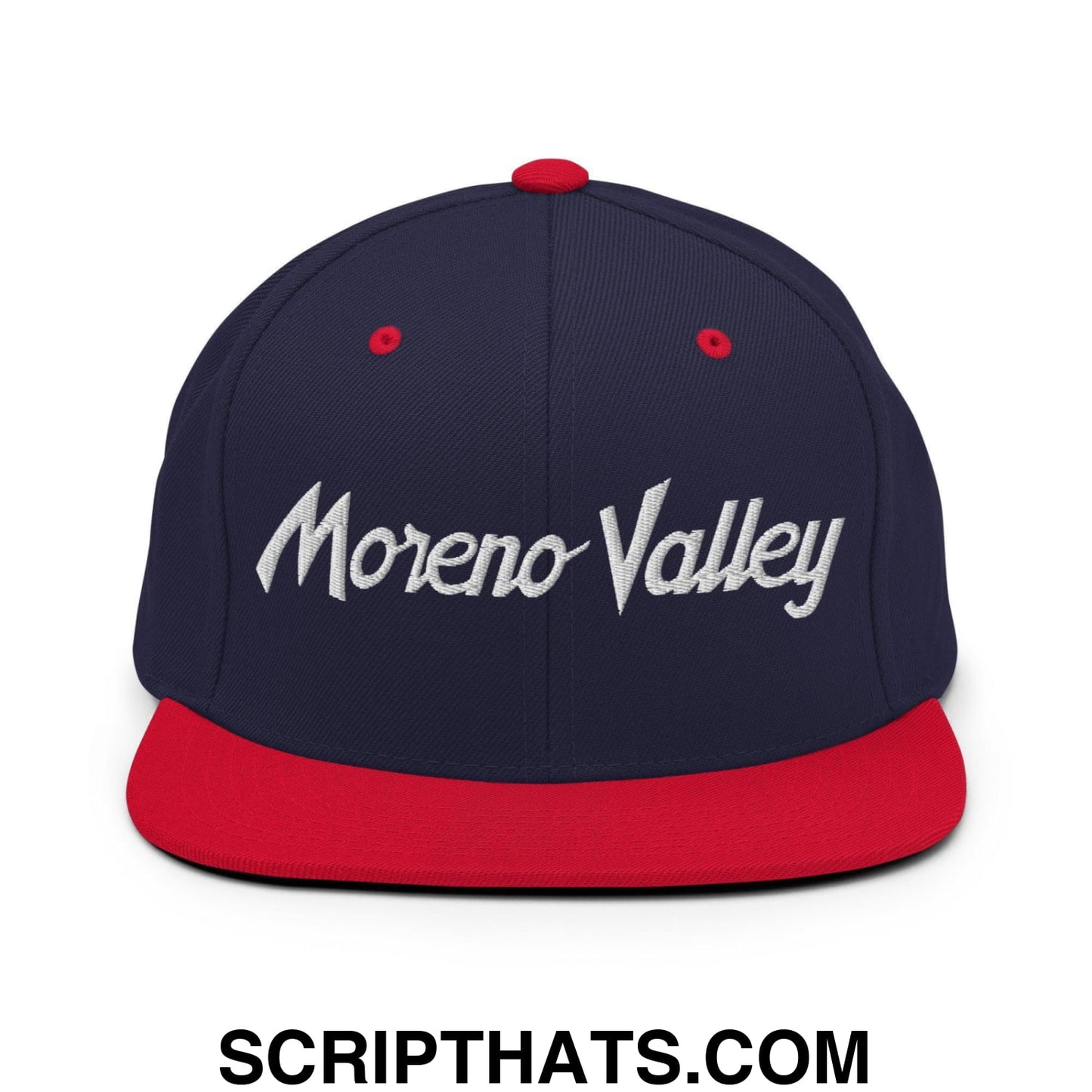 Moreno Valley Script Snapback Hat Navy Red
