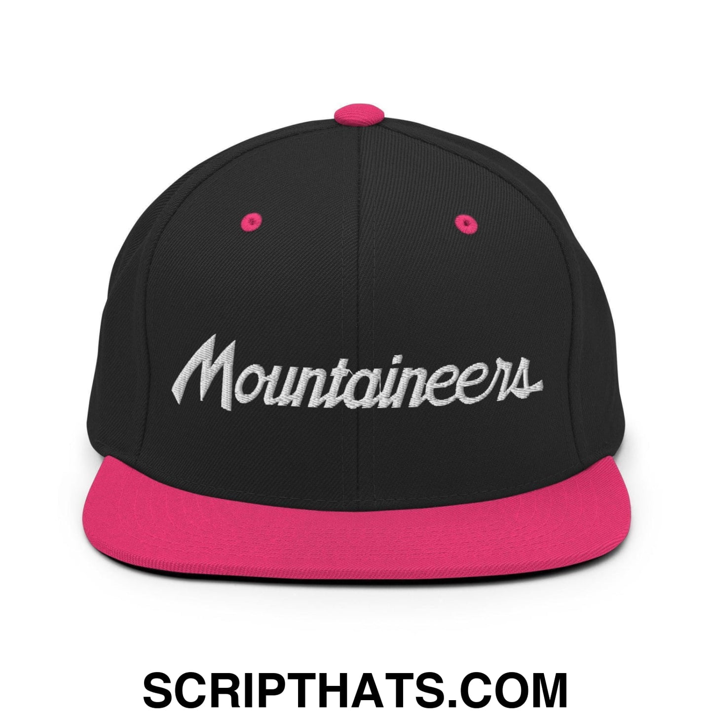Mountaineers School Mascot Script Snapback Hat Black Neon Pink
