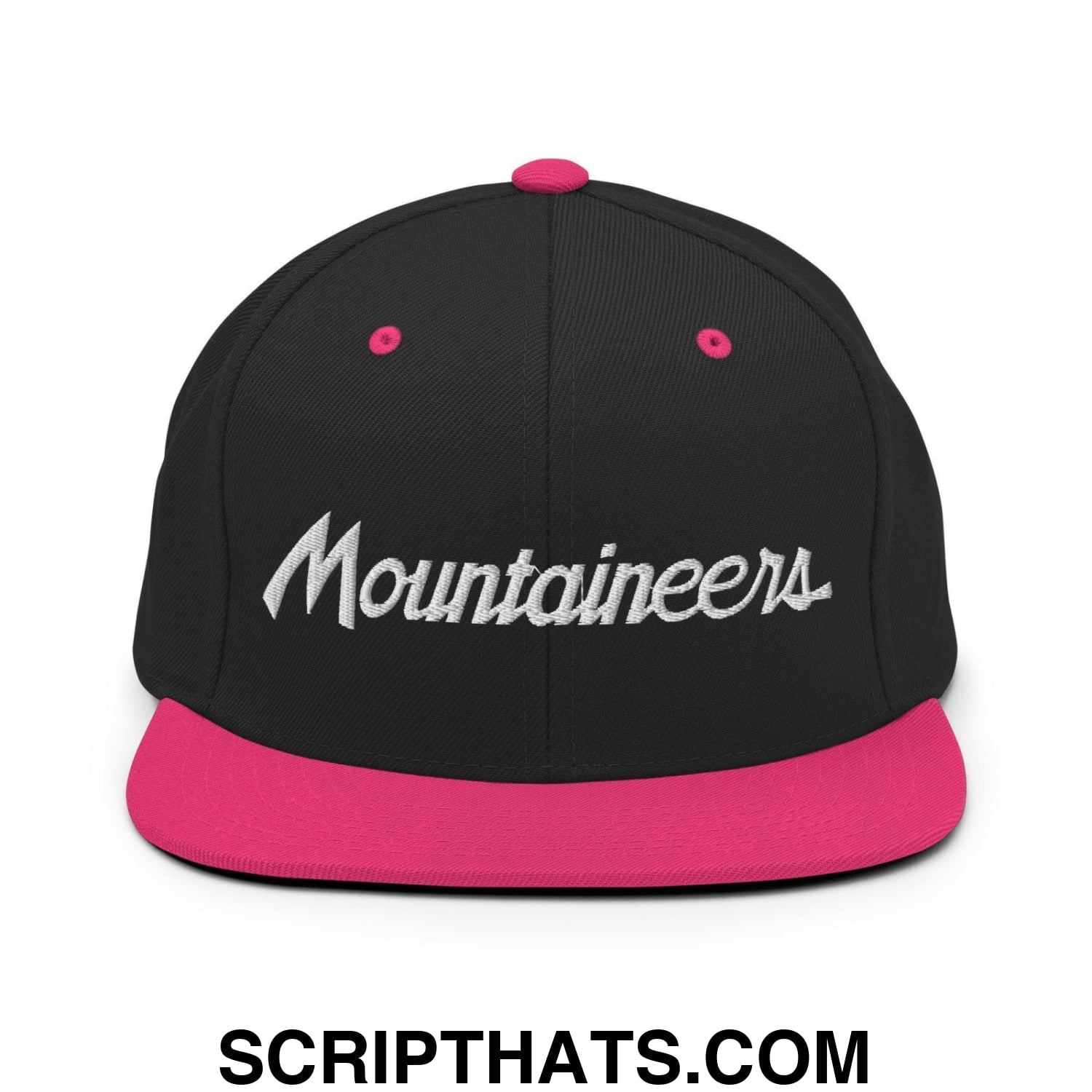 Mountaineers School Mascot Script Snapback Hat Black Neon Pink
