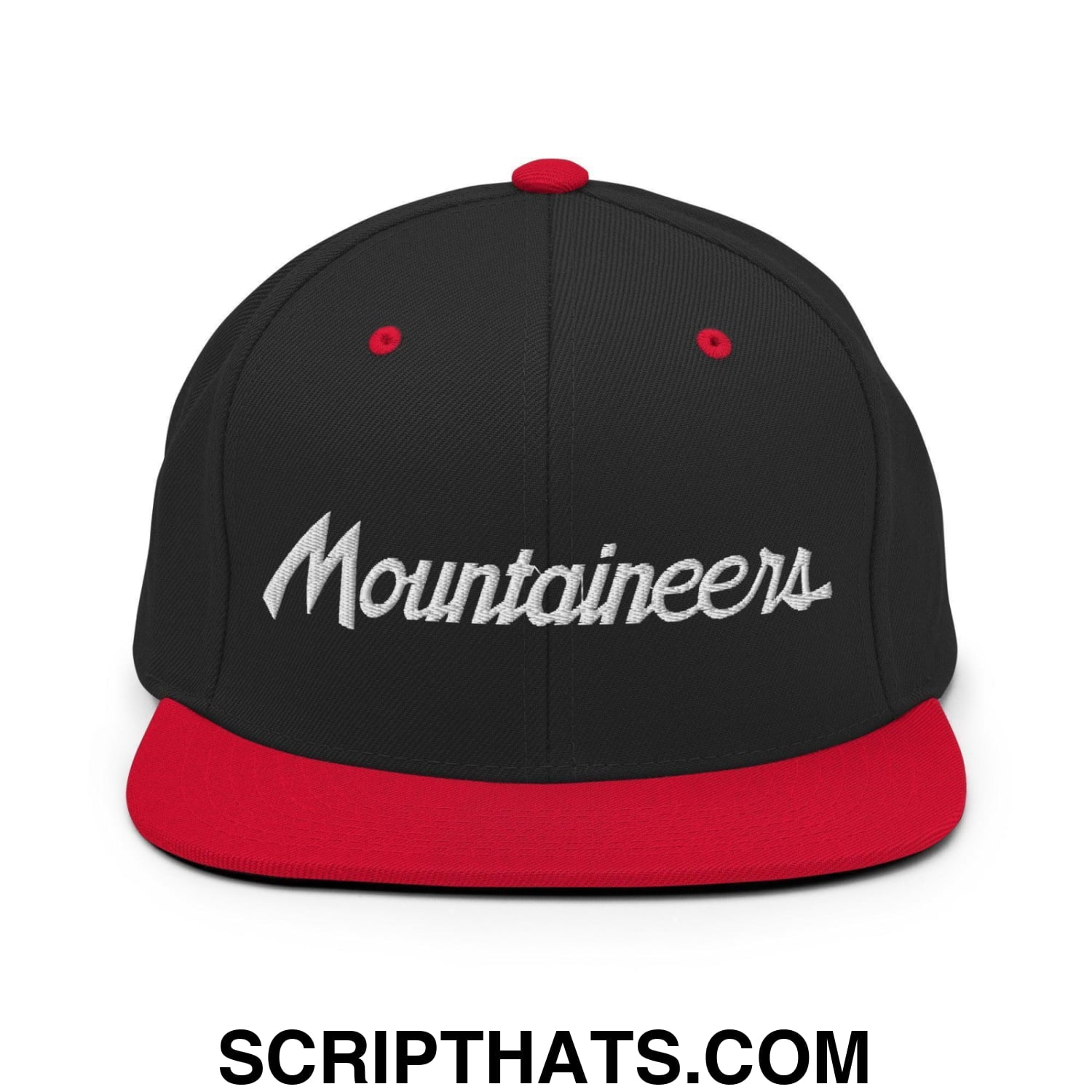 Mountaineers School Mascot Script Snapback Hat Black Red