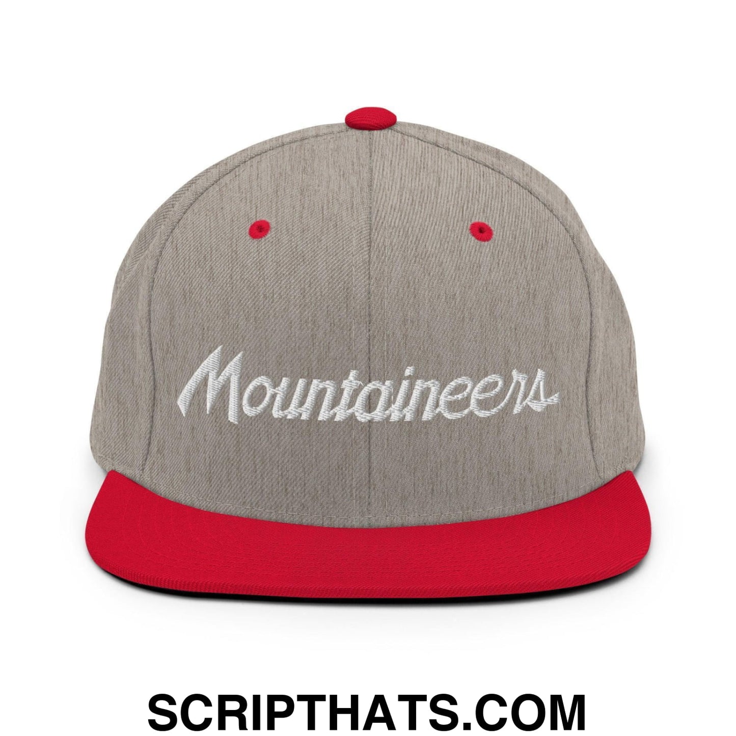 Mountaineers School Mascot Script Snapback Hat Heather Grey Red