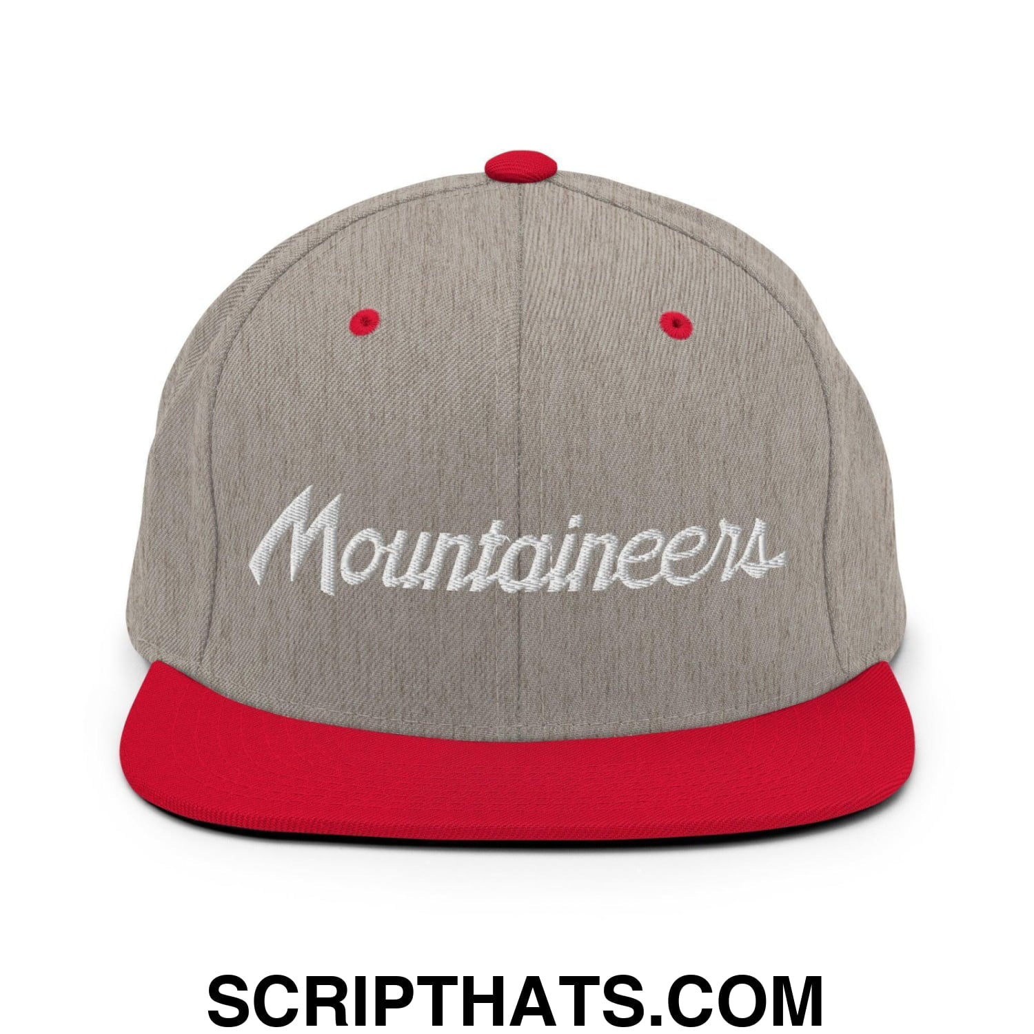 Mountaineers School Mascot Script Snapback Hat Heather Grey Red