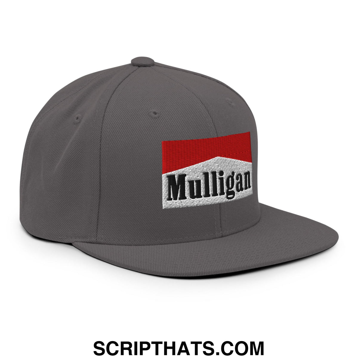 Gray snapback cap with a flat bill featuring an embroidered red and white mulligan logo with black lettering