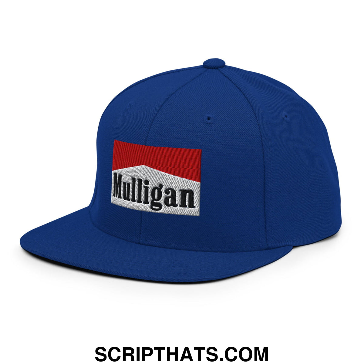 Royal blue snapback hat with flat bill brim featuring a red and white embroidered Mulligan logo patch