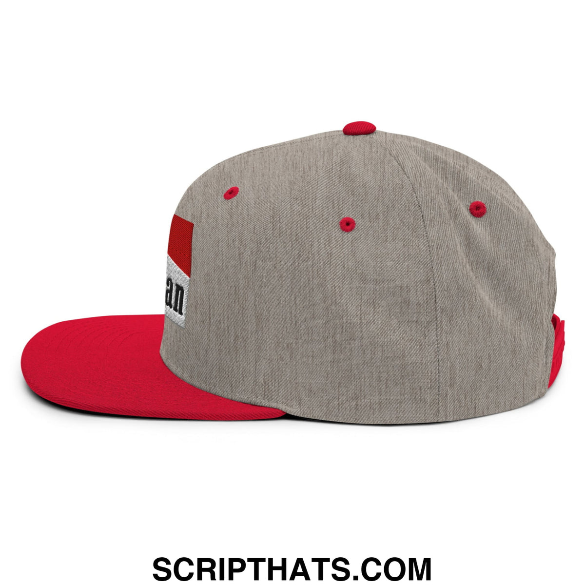 Gray and red mulligan cigarette embroidered snapback hat with heathered fabric crown and solid red flat brim