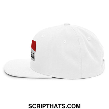White snapback cap with red and silver patch featuring black embroidered mulligan cigarette text on the side