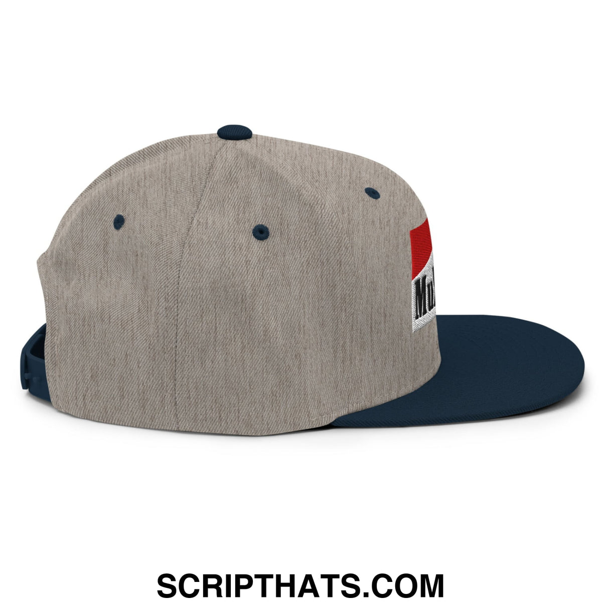 Gray and navy blue Mulligan Cigarette snapback hat with red and white logo patch and flat bill brim
