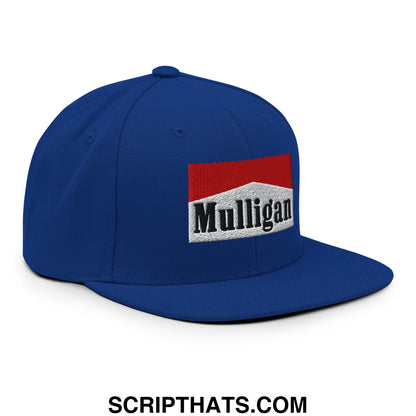 Royal blue snapback hat with red and white embroidered Mulligan Cigarette logo and flat bill brim
