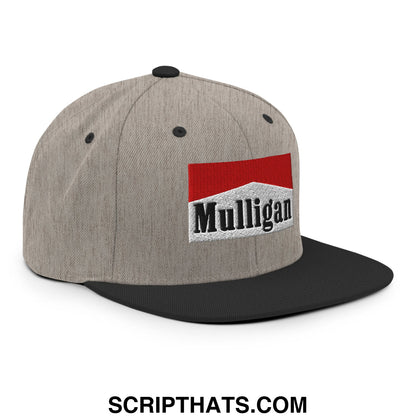Gray and black snapback hat with red white and black embroidered mulligan cigarette logo and flat bill brim