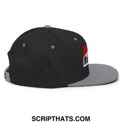 Black and gray flat bill snapback hat with red and white mulligan cigarette embroidered logo patch on the side