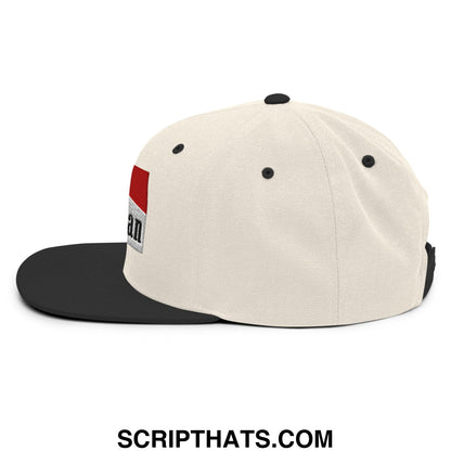 Cream-colored Mulligan cigarette snapback hat with black flat bill and red white gray embroidered logo patch