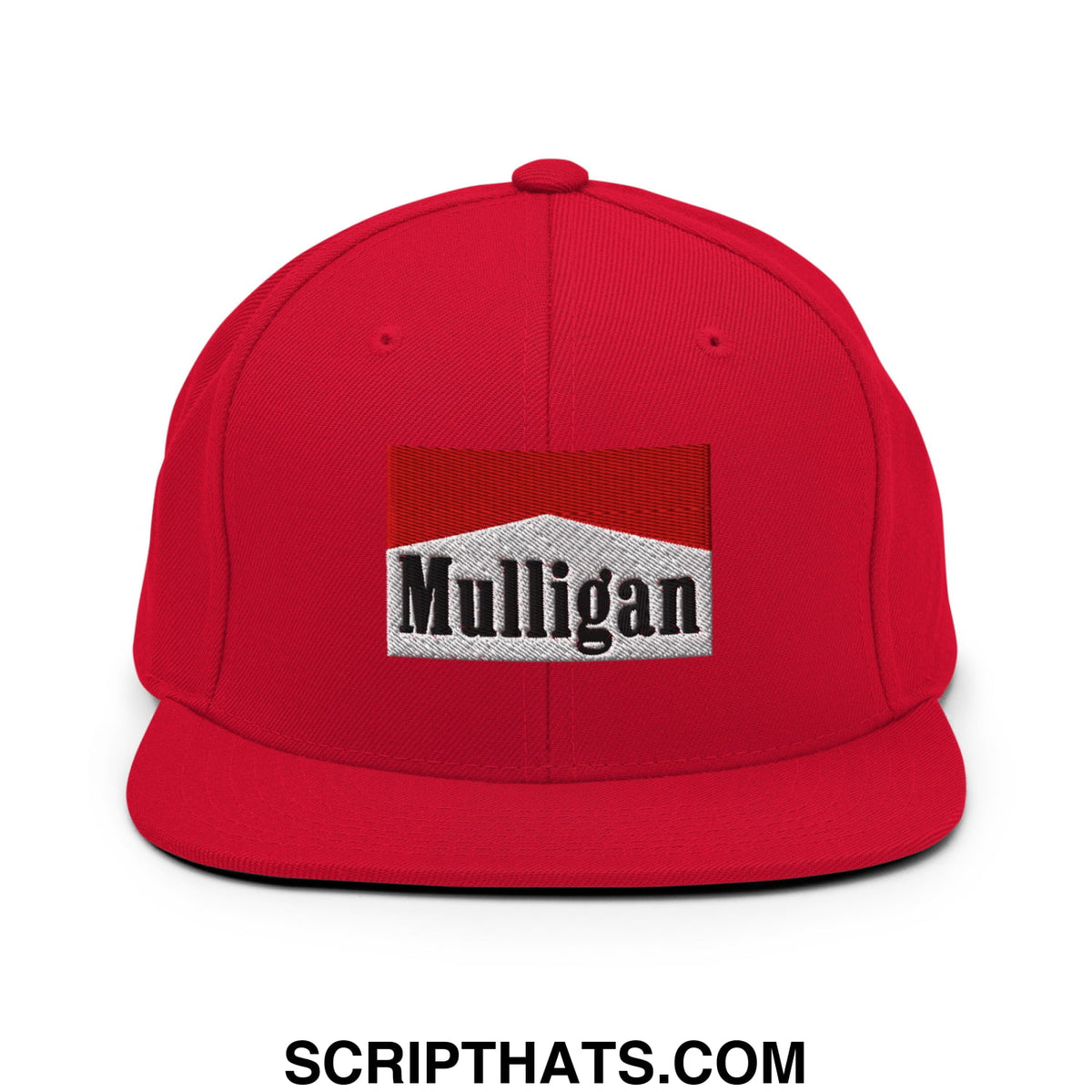 Red snapback cap with red embroidered mulligan logo and black lettering featuring a flat bill brim