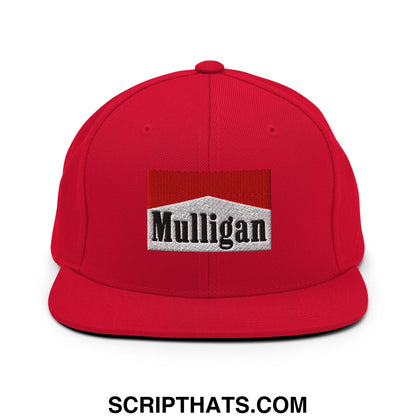 Red snapback cap with red embroidered mulligan logo and black lettering featuring a flat bill brim