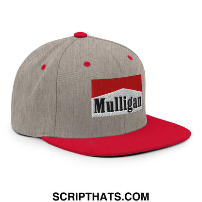 Gray and red snapback cap with marlboro-style logo patch featuring a flat bill brim and embroidered mulligan cigarette design