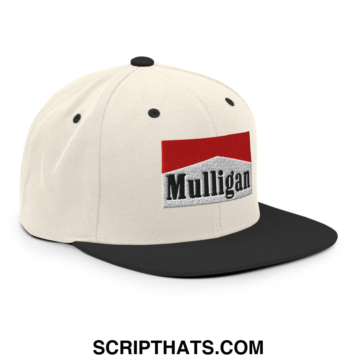 Cream-colored snapback cap with black flat bill and red white black embroidered Mulligan cigarette logo