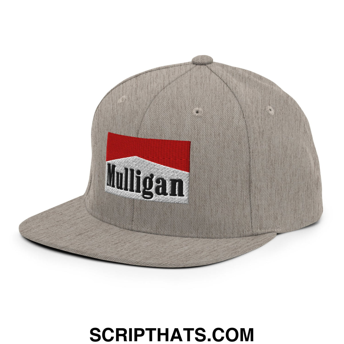 Gray heathered snapback cap with red and white embroidered mulligan logo patch and flat bill brim