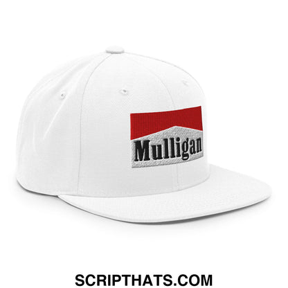 White snapback cap featuring an embroidered mulligan logo with red and gray design and flat bill brim