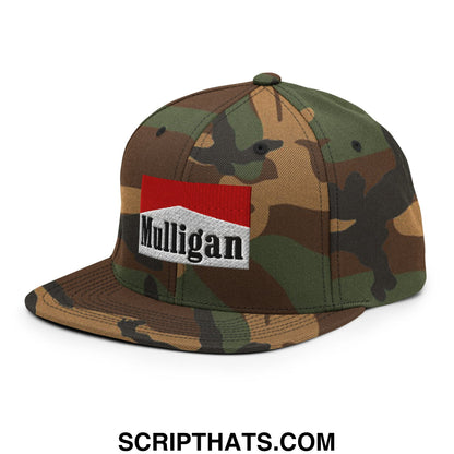 Camouflage-patterned snapback cap with red and white embroidered mulligan logo patch and flat bill brim