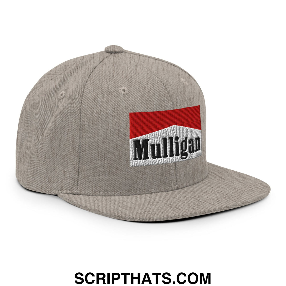 Gray snapback hat with a red and white embroidered mulligan logo and flat bill brim for casual wear