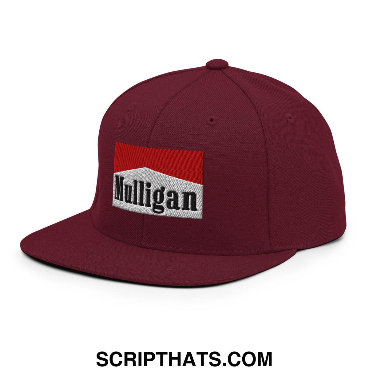 Maroon snapback hat with flat bill featuring a red and white rectangular embroidered patch with mulligan logo