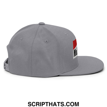 Gray mulligan cigarette snapback hat with flat bill brim and red and white embroidered logo patch on the side