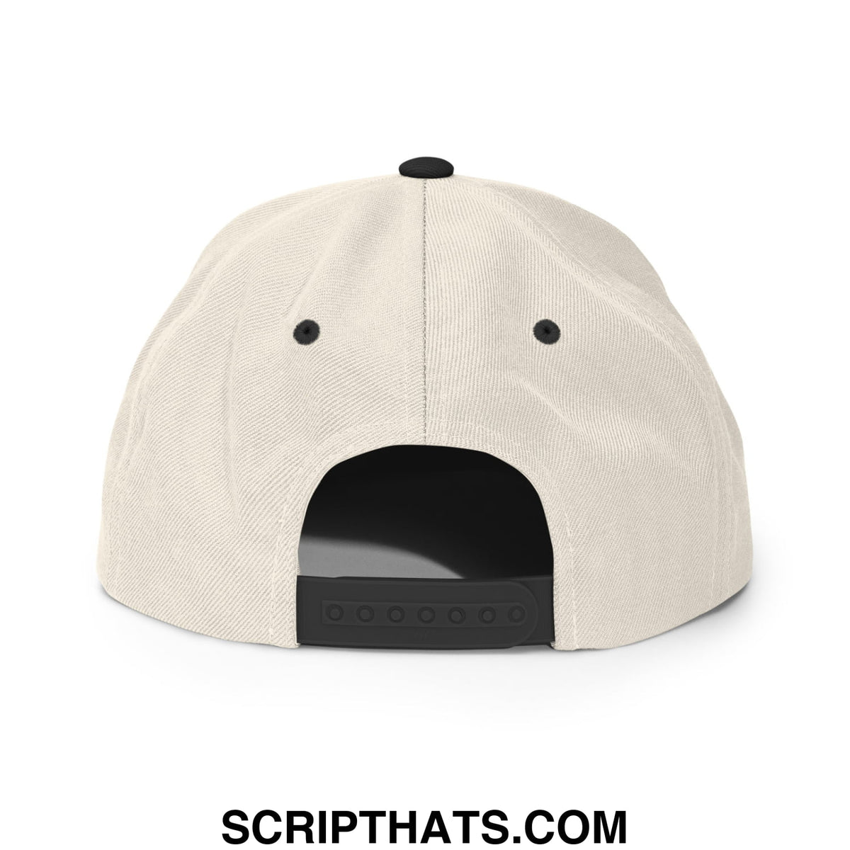 Off-white mulligan cigarette red embroidered flat bill snapback hat with black plastic adjustment strap and button back view