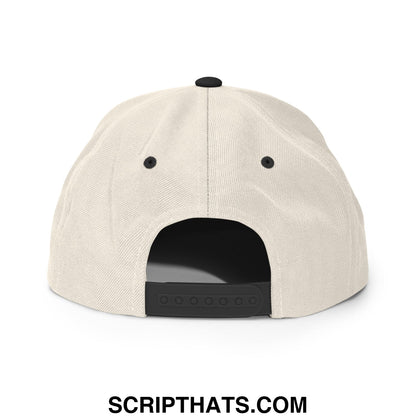 Off-white mulligan cigarette red embroidered flat bill snapback hat with black plastic adjustment strap and button back view