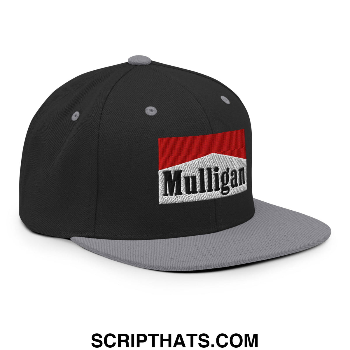 Black and gray snapback cap with red and white embroidered mulligan cigarette logo and flat bill brim