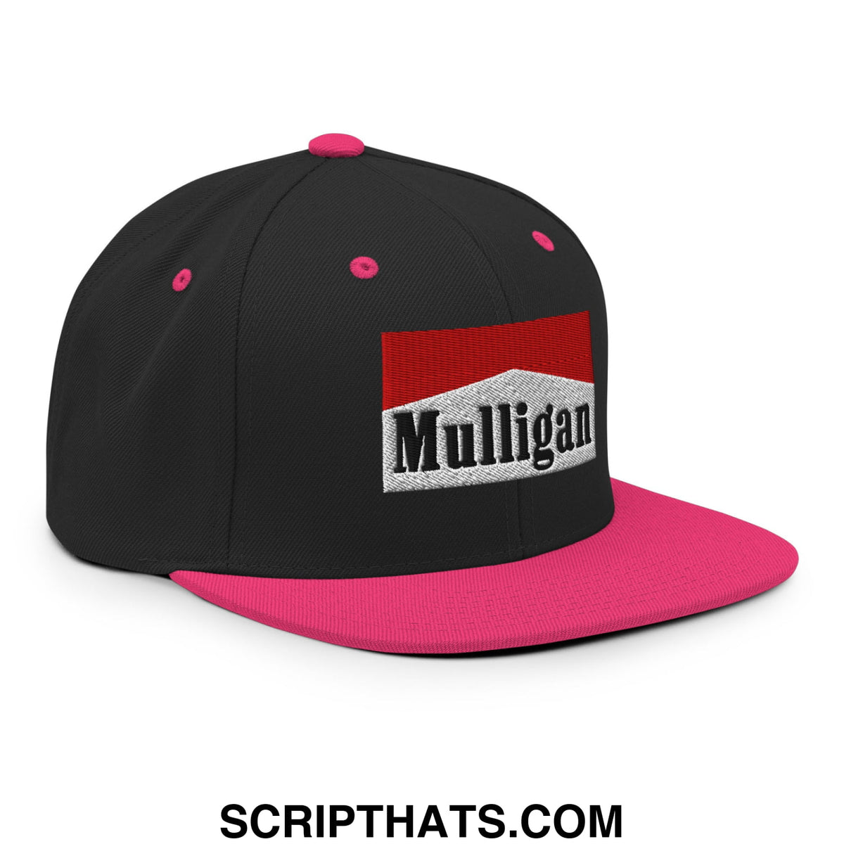 Black and pink snapback cap with red and white embroidered mulligan logo and flat bill brim for casual wear