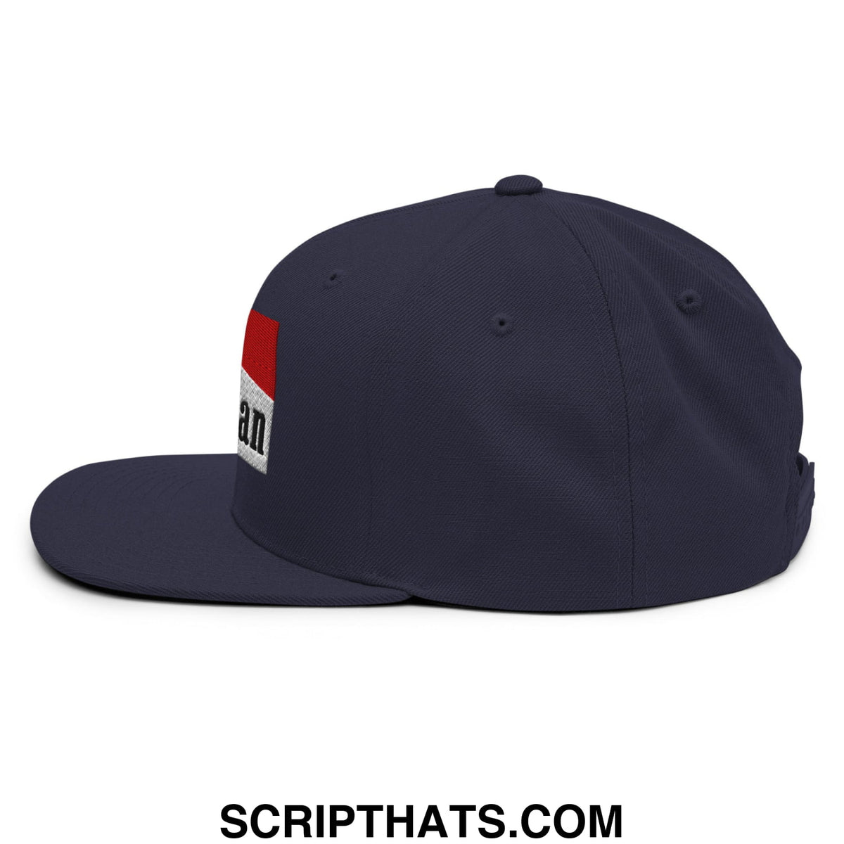 Navy blue mulligan cigarette snapback hat with red white patch and black embroidered text on the side
